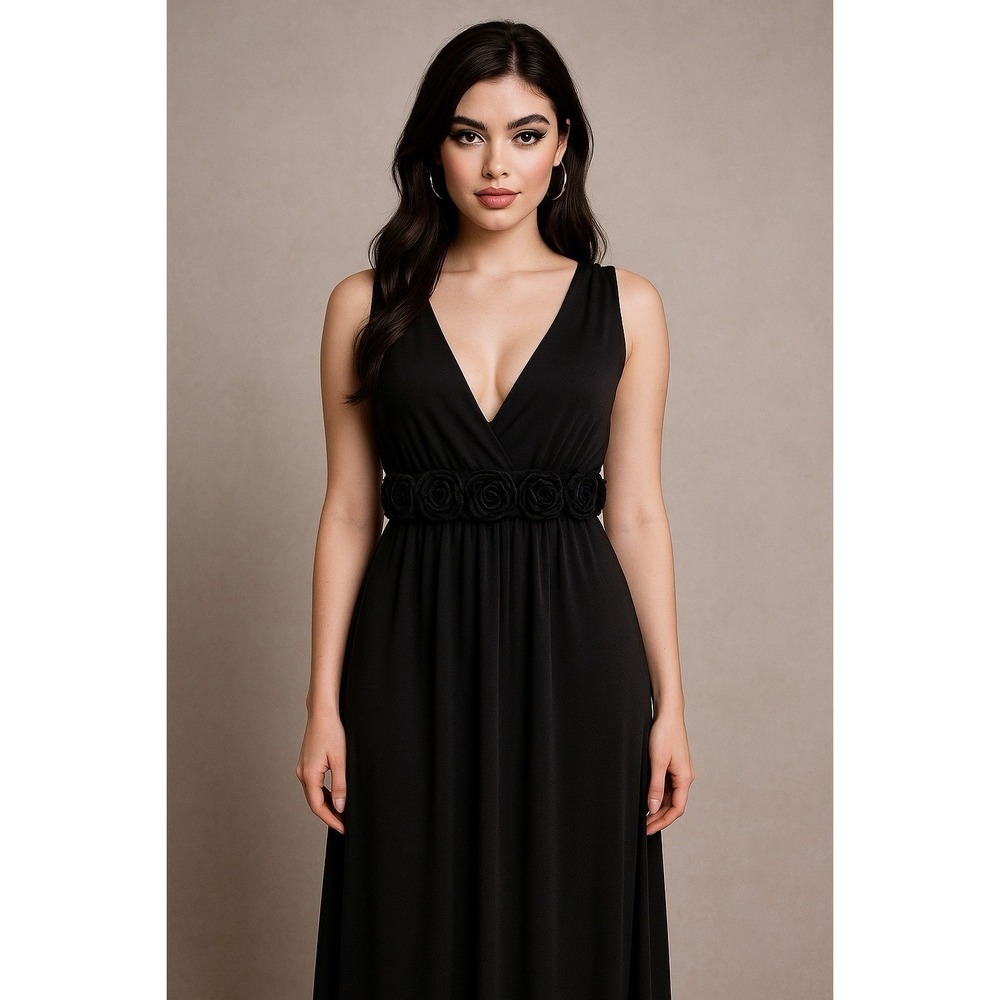 Kupcake Black Maxi Dress Size 12 V-Neck Floral Waist Y2K Elegant Evening Gown